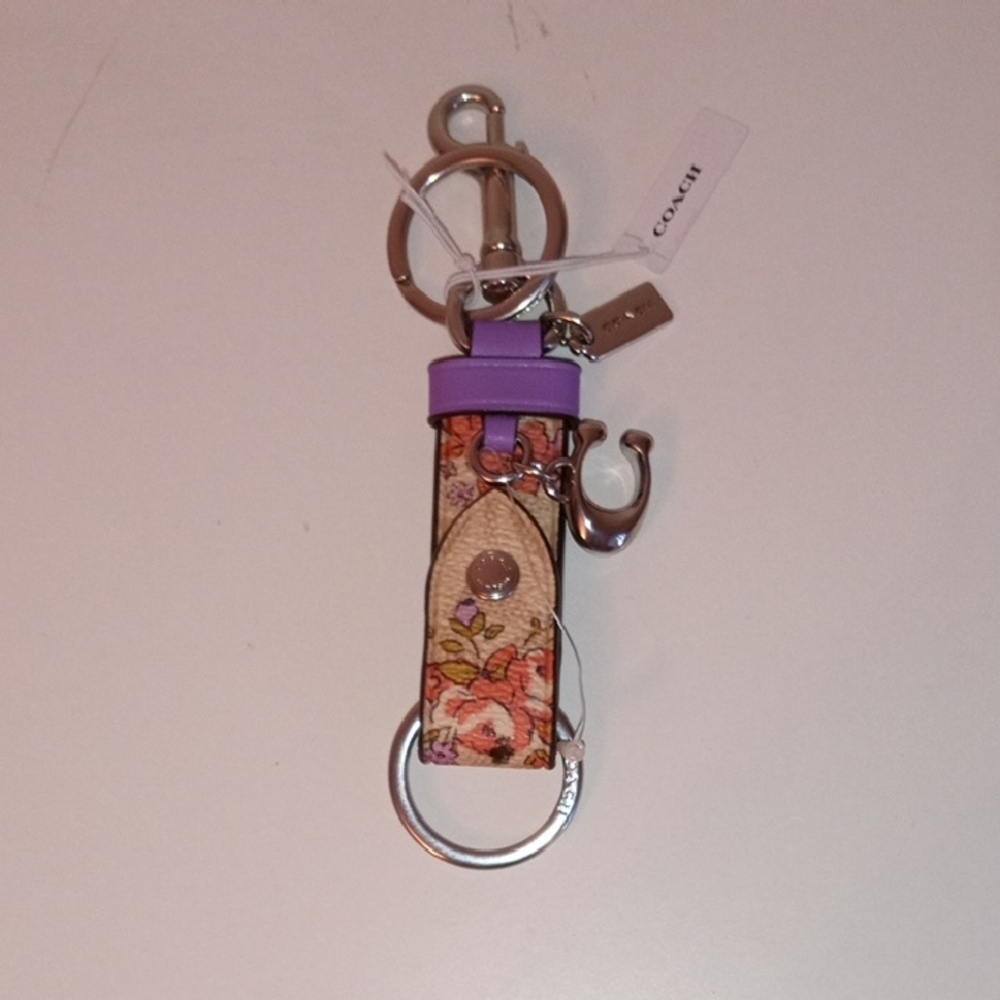 Coach Floral and Lavender Leather Key Fob Keychain - Picture 1 of 4